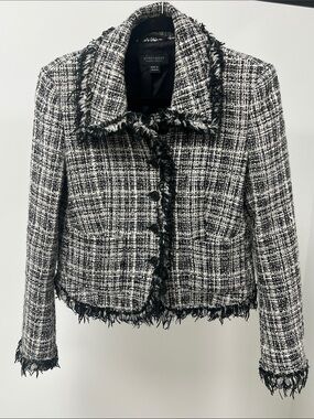 STRENESSE Black and White Tweed Fringe-Trim Jacket